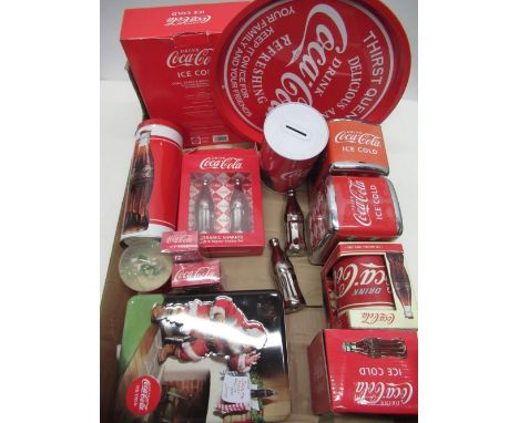 Collection of official Coca Cola collectables incl. Santa Christmas tin, bar tray, two ceramic mugs, two napkin dispensers, p