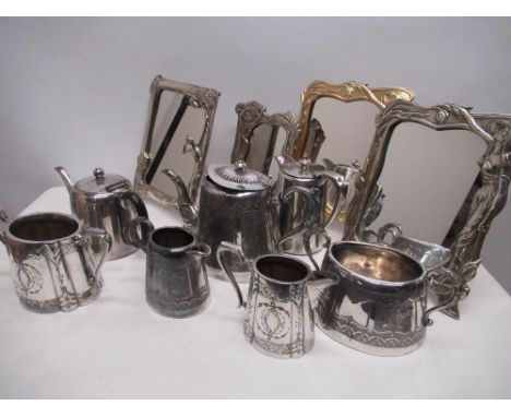 Six modern Art Nouveau style table mirrors H25cm x W18.5cm max, silver plated four piece tea set and other silver plate 