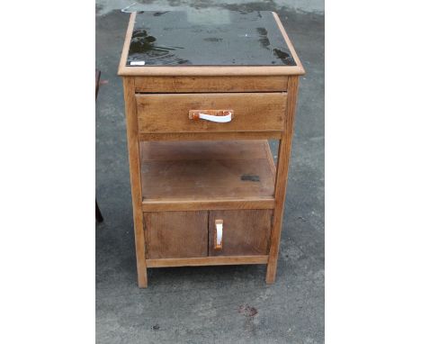 Art Deco light oak side cabinet, single drawer above open centre, two cupboard doors, H85cm D52cm W52cm 
