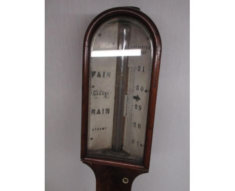 Victorian flame veneered mahogany stick barometer, bevelled edge and arched glass top with thermometer box below (lacking ivo