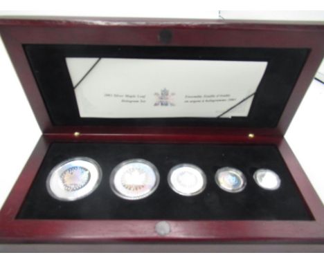 Boxed and cased set of Royal Canadian Mint 2003 silver maple leaf hologram set coins, 1942/1992 Lend/Lease Alaska Highway 1oz