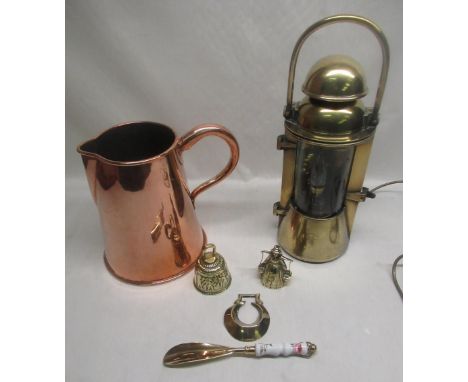 Bulpitt &amp; Sons c.1900 oil lamp converted to electric, large copper jug, two brass bells, horse brass, brass and ceramic s