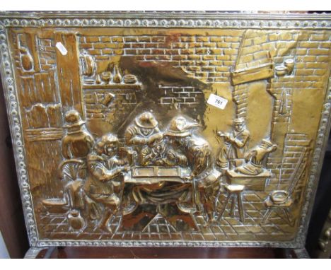Mid C20th brass firescreen embossed with tavern scene, H69cm x W69cm 