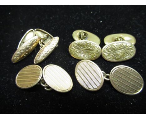 Pair of 9ct yellow gold engine turned cufflinks, another pair of 9ct yellow cold bright cut cufflinks gross  of various shape