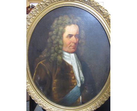 English School (C19th) Half length portrait study of a gentleman sporting full wig, in brown button coat with blue sash, oil 