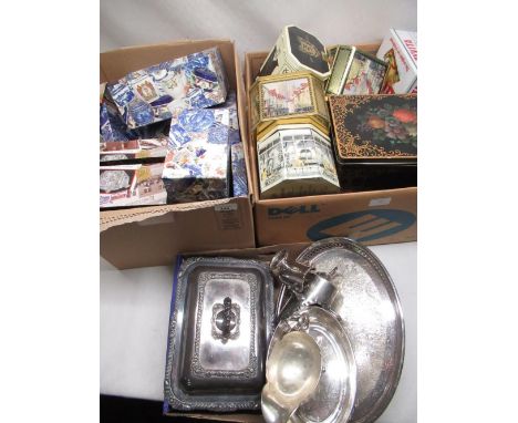 Collection of Ringtons and similar tea tins, Ringtons blue and white pottery including plates, tea ware and plastic tableware