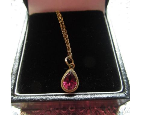 9ct gold and amethyst teardrop pendant on 9ct gold rope chain necklace, gross 1.5g 