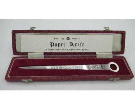 Eliz. II cased Georgian meat skewer replica silver paper knife, Sheffield 1973, W1.9ozt 