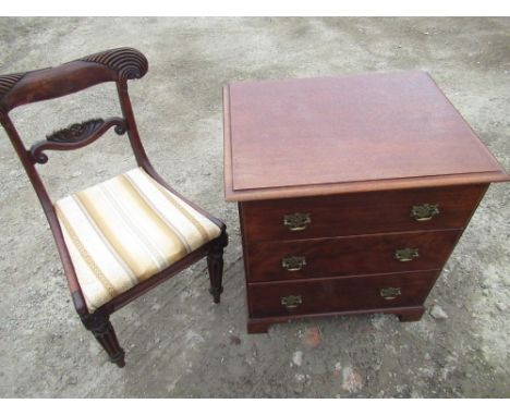 C19th mahogany chest of three drawers on bracket feet W66cm D51cm H72cm and a Will.IV mahogany dining chair on lobed supports