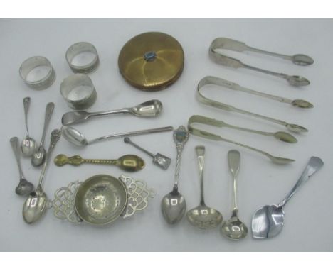 Collection of assorted cutlery, three napkin rings, compact etc 