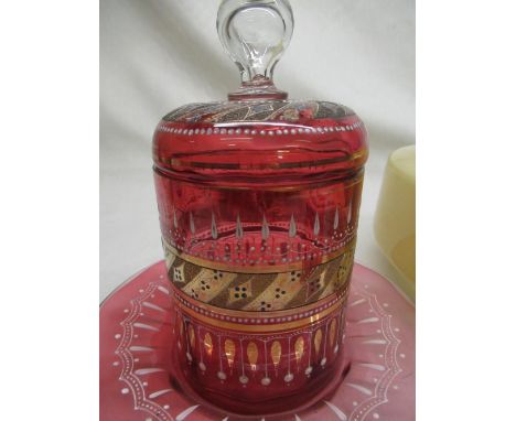 1930's hanging mottled glass lampshade, C19th cranberry glass cream jug, late C19th Bohemian glass bonbon jar with applied en