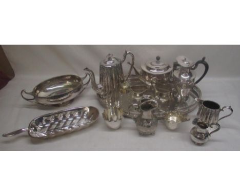 Assortment of silver plate coffee pots, tea pots, cream jugs, two handled bowl, serving tray, etc 