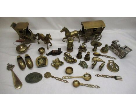 Brass caravan and horse, brass single carriage and horse, silver plate money box shaped as a train etc 