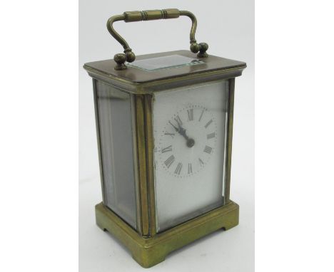 Early C20th brass carriage clock timepiece with cylinder movement, enamel face with Roman numerals, H11cm 