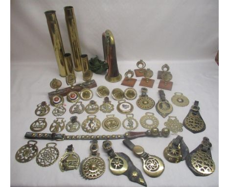 Hawkes &amp; Son hunting bugle, dated 1917, four brass shells, collection of horse brasses 