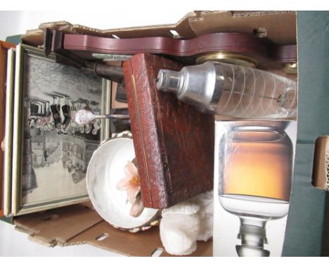 Selection of collectables including Dartington crystal decanter, cast iron desk seal, flat iron, barometer, wood carved panel