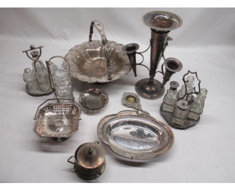 Early C20th Walker &amp; Hall silver plated epergne, no. 355 47, H32.5cm, two late C19th/early C20th four bottle cruets on si