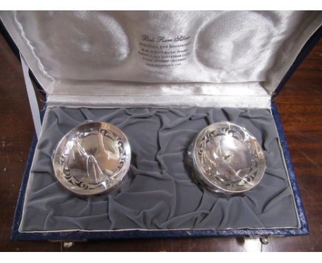 Pair of Indian white metal candle holders each marked 'silver', in original Beli Ram of New Delhi case 