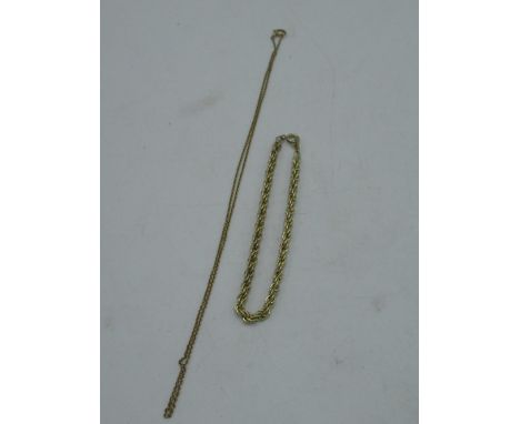 9ct gold chain necklace with spring ring clasp stamped 9ct L40 and a yellow metal rope chain bracelet with spring ring clasp 