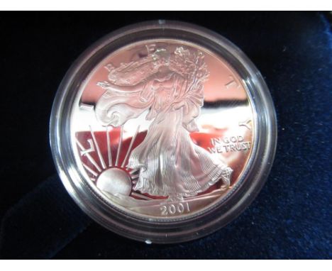 Two United States of America 1oz proof silver bullion dollar coins, in presentation case and boxes 