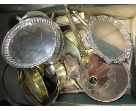 Selection of brassware and silver plated items including brass jam pan, copper vacuum hood, brass scales, small model telesco