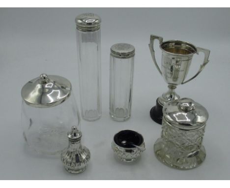 Hallmarked Sterling silver salt (with liner) and pepperette by Gorham Manufacturing Co, 1919, cut glass dressing table jar wi