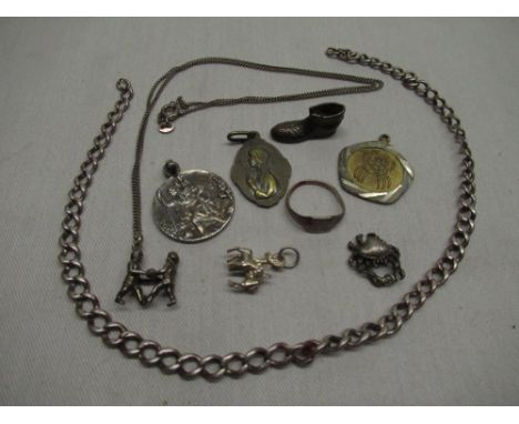 Silver pendant, silver child's ring, Saint Christopher charm, other charms and costume jewellery 