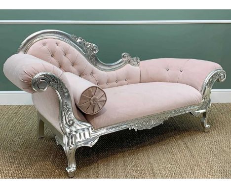 DECORATIVE VICTORIAN-STYLE SILVERED WOOD CHAISE LONGUE, faceted glass button-upholstered pink velour cloth, with matching bol