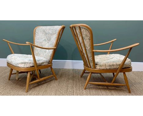 PAIR ERCOL LIGHT ELM '203' LOUNGE CHAIRS (2)Comments: foam severely degraded, coves with stains, webbing damaged