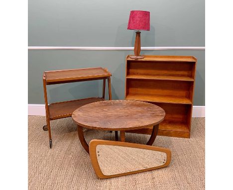 ASSORTED MID CENTURY TEAK &amp; PLYWOOD OCCASIONAL FURNITURE, including wall mirror, tea trolley and table lamp (5)