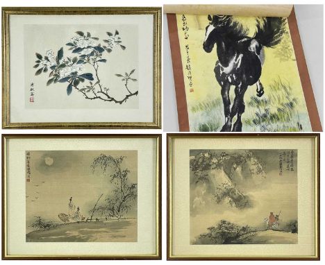 FOUR CHINESE PAINTINGS, ink and wash on silk or paper - maidens in a small boat 17.5 x 21.5cm, pilgrim on horseback with atte