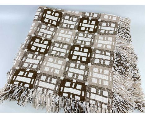 TRADITIONAL WELSH WOOLLEN TAPESTRY BLANKET circa 1960s, geometric design in cream, brown and flecked brown, fringed226 x 160c