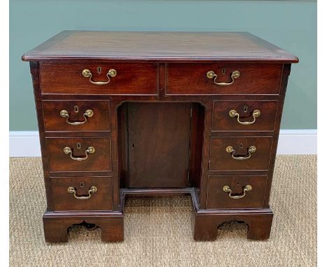 GOOD MID-18TH CENTURY MAHOGANY KNEEHOLE DESK, c.1750-65, caddy moulded top above 8 drawers with oak linings, under cupboard, 