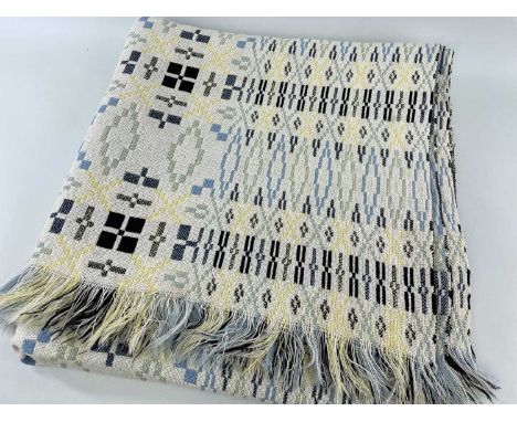TRADITIONAL WELSH WOOLLEN TAPESTRY BLANKET, cream, blue, green and charcoal, 230 x 214cmComments. worn