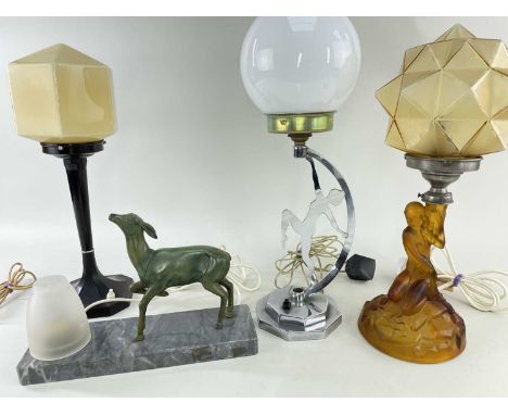 FOUR ART DECO=-STYLE TABLE LAMPS, including one with chrome dancer, one with bakelite base, one with amber glass figural stem