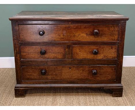 PROVINCIAL JOINED OAK CHEST, boarded moulded top above an unusual arrangement of four drawers, bracket feet, panelled sides, 