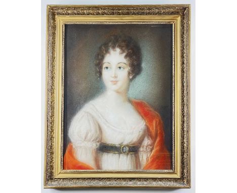 EARLY 19TH CENTURY ENGLISH SCHOOL, pastel - portrait of a young lady in muslin dress with red shawl, 55.5 x 41.5cmWith Matthe