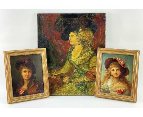 E. VALERO, oil on board - portrait of a girl in a red floral bonnet, and a companion, signed, partial labels verso, 22.5 x 17