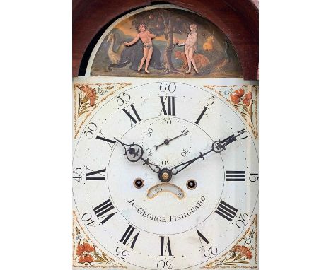 EARLY 19TH CENTURY WELSH AUTOMATA LONGCASE CLOCK, c. 1835, James George, Fishguard, painted 11 1/2in. dial with automata Adam