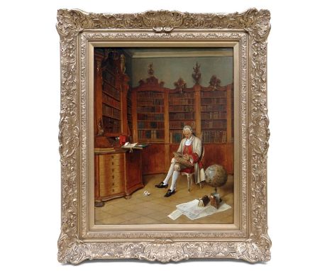 ‡ FRANZ XAVER WOLF (Austrian, 1896-1990) oil on panel - an 18th Century gentleman scholar in his study, signed 'F. X. Wolf Wi