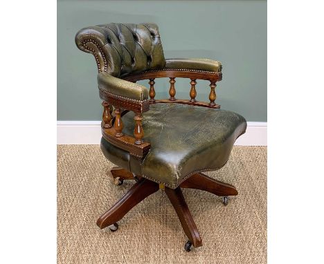 BRIGHTS OF NETTLEBED LEATHER CAPTAIN'S CHAIR, green leather button upholstered on swivel baseComments: leather worn in places