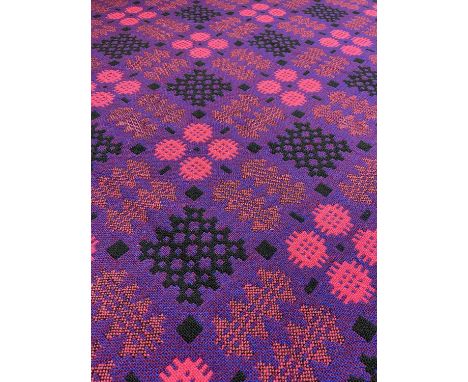 WELSH WOOLEN TAPESTRY BLANKET, blue, salmon pink, claret, black, 84 x 240cmThe blanket is fringed.
