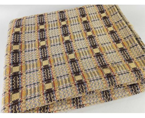 WELSH WOOLEN BLANKET, muted shades of cream, aubergine, gold, duck egg blue, pink, 228 x 188cmThere is staining (see photos) 