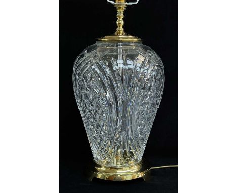 LARGE WATERFORD 'KILKENNY' CUT GLASS & BRASS TABLE LAMP, c. 1980s, 42cm high (to bulb fitting) with cream shadeComments: exce