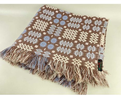 DERW MILLS TRADITIONAL WELSH WOOLLEN TAPESTRY BLANKET geometric design in blue, cream and brown, fringed, bears label, 230 x 