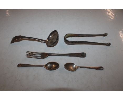 A silver ladle; a silver fork; a pair of silver sugar tongs; two silver spoons, approx. total weight 148gms