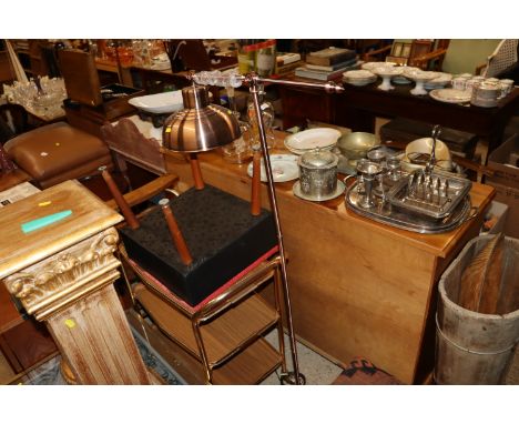 A retro three tier tea trolley and a sewing box and a modern copper finish adjustable standard lamp
