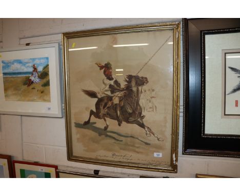 A 19th Century School coloured print of a Bengal Lancer at the game of tent pegging with inscription