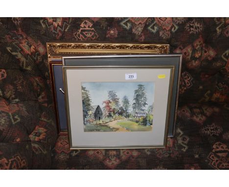 Dorothy Garrett, watercolour study of a garden; John Western print of Framlingham Castle; a pair of Canaletto prints and a pa