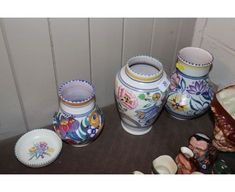 A Poole Pottery baluster vase; a smaller similar, another and Poole dish, AF